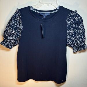 New w Tags TOMMY HILFIGER Short Sleeve Navy Blue Mixed Media Top Blouse Shirt